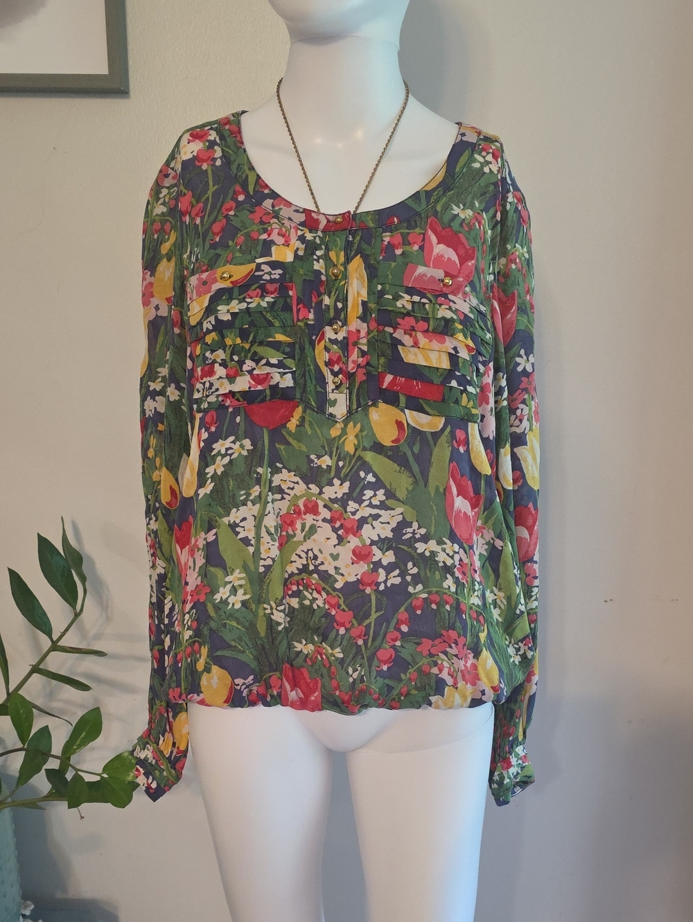 Floral Long-Sleeve Scoop Neck Blouse - Green Multi